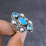Aquamarine,Blue Topaz Handmade 925 Sterling Silver Ring S.10 Gift For Her b7v88