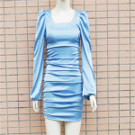 Suvine soliidne, &otilde;huke shirring, l&uuml;hike naiste moodne puhvis varrukad, kandiline krae, naiste seksikas minikleit L