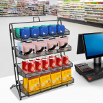 4-tasandiline kaasaegne kaldega must jaekommide v&auml;ljapanekuriiul - Rauast letialune suupistete korraldaja supermarketi ja poe v&auml;ljapanekuks 4-tier must
