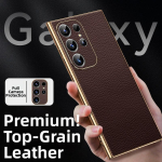 Ehtne nahast litsikujulise tekstuuriga telefoni&uuml;mbris Samsung Galaxy S26 S22 S23 S25 Ultra S24 Plus S26+ jaoks, galvaniseeritud pehme kate S0035 Galaxy S26 Ultra pruun