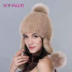 SOMALER naiste ehtsast naaritsakarusnahast m&uuml;tsid karusnahaga Pom Pom Talvise sooja kootud k&otilde;rvakaitsega nokam&uuml;tsid One Size helepruun v&auml;rv