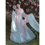 Lotus Theme Hanfu Hiina Wei ja Jini d&uuml;nastiate stiilis roosa naiste kleidikomplekt L sinine