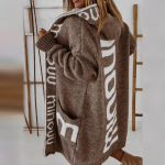 Pikk kardigan kapuutsiga monogramm naiste kampsun silmkoeline mantel XL pruun