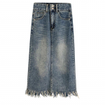 Vintage teksaseelik, pikk naiste korea mood, k&otilde;rge v&ouml;&ouml;kohaga A-line &otilde;huke teksaseelik, suvised t&auml;navar&otilde;ivad S sinine