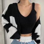 Elegantne avara pikkade varrukatega V-kaelusega Crop kootud kardigan kampsun Knitwaers Fashion Short 2 komplekt vabaaja triibuline kaheosaline &uuml;likonna kampsun 28265 One Size