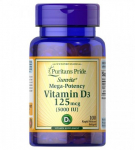 Puritan's Pride &ndash; D3-vitamiin 125 mikrogrammi, 5000 iu, 100 kapslit