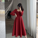 Vintage must kleit Naiste retro stiilis elegantne m&auml;hisega Midi kleidid Korea Harajuku pikkade varrukatega soliidsed riided kevadmood L punane