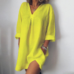 Naiste V-kaelusega kolmveerandvarrukatega taskutega puuvillane linane &uuml;hev&auml;rviline vabaajakleit L must