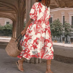 Naiste lilleline maksikleit, puhvis varrukas puhkuseks Suvine rannakaftani p&auml;ikesekleit XXXXXL punane