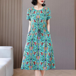 Suvine naise elegantne kleit Uus vabaaja l&uuml;hikeste varrukatega Korea stiilis riided Naiste vintage printiga pikk kleit XL