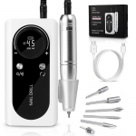 Elektrilised k&uuml;&uuml;nepurud, laetav 45000 p/min LCD-ekraaniga k&uuml;&uuml;nefileerimismasin, 2 p&ouml;&ouml;ret akr&uuml;&uuml;lk&uuml;&uuml;nte geelk&uuml;&uuml;nte manik&uuml;&uuml;ri jaoks USB valge