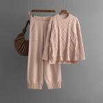 S&uuml;gis-talv laisk tuul lahtine k&otilde;rge kraega pullover, naiste &uuml;hev&auml;rviline pikkade varrukatega sviiter, kootud laia s&auml;&auml;rega p&uuml;ksid, kaheosaline komplekt One Size roosa