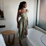 Naiste varrukateta &uuml;hev&auml;rviline anklipikkusega libisemiskleit V-kaelusega k&otilde;rge v&ouml;&ouml;kohaga S sinine