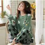 Puuvillane pidžaamakomplekt pikkade varrukatega pikkade p&uuml;kstega pidžaama naiste t&uuml;drukute pidžaama suure suurusega lahtise ruudulise kodukomplekt M