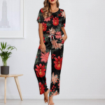 Naiste j&auml;&auml;siidist satiinist j&otilde;uluprintidega pidžaamakomplekt l&uuml;hikeste varrukatega s&auml;rgi ja pikkade pidžaamap&uuml;kste komplekt Pehmed koduriided S kuld