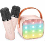 Laste ja t&auml;iskasvanute mikrokaraoke 2 juhtmevaba mikrofoniga Kaasaskantav Bluetooth-karaokek&otilde;lar LED-valgustusega T&uuml;drukule j&otilde;ulukingitus Laste m&auml;nguasi roosa