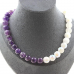 Pierres et Min&eacute;raux. Collier perles Am&eacute;thyste 10 mm + Pierre de lune 10 mm. Chaine en acier Collier femmes, hommes. Taille personna