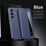 Nahast &uuml;mbris Samsung Galaxy A16 A17 A36 A55 A56 5G jaoks peegli ja Smart View aknaga, S-View &uuml;mbrised, Klapp-telefoni kate, Telefoni kaitseraamid Samsung A17 sinine