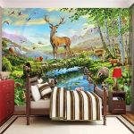 3D hirve j&otilde;e loomapildiga tapeet metsamaastiku fotoseinamaal laste toa taustaseina paber 200 cm(W) x 140 cm(H)