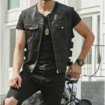 Meeste ehtsast nahast vest, biker-stiilis vest mitme taskuga, reguleeritavate rihmadega, must ja pruun variant 3XL must