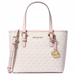 MICHAEL KORS Jet Set Travel Logoga Tr&uuml;kitud Kuldse Riistvaraga Kaetud L&otilde;uendist ja Pol&uuml;estrist Kandekott Risti-keha K&auml;ekott Mini Naiste Roosa kuld