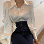 Korea &scaron;ikk naiste pluus lahtine satiinn&ouml;&ouml;biga mullvarrukaga rev&auml;&auml;riga s&auml;rk Elegantne naiste s&auml;rk, roosa topid Blusas Mujer 12635 1135 S beež