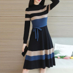 Korea moe elegantne kudumine kampsun vabaaja kleit, pikkade varrukatega pitsiline k&otilde;rgekvaliteediline veniv kootud vintage triibuline kleidid One Size