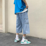 Suurem&otilde;&otilde;dulised meeste suvised t&auml;navar&otilde;ivad Y2K riided Retro Denim Baggy Teksad Trend elastne v&ouml;&ouml;koht Sirge k&auml;rbitud p&uuml;ksid L&uuml;hikesed p&uuml;ksid meestele dressip&uuml;ksid 3XL sinine
