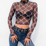 V&otilde;rgustik T-s&auml;rk Femme Seksikas pikkade varrukatega Crop Top Chain Print T-s&auml;rk Naiste t&auml;navar&otilde;ivad Vintage Fishnet top T-s&auml;rk Uus saabumine S must