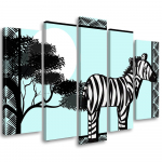 Viieosalise pildiga l&otilde;uenditr&uuml;kk Zebra Safari Blue 100x70 valge/must