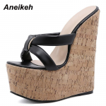 Anekeh Wedges Heel Naiste sussid Mood avatud varvaste platvormiga sandaalid Suvised superk&otilde;rged kontsad Naiste peokingad Suurus 35-42 42 must