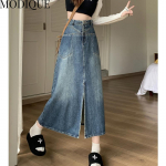 MODIQUE 2023 S&uuml;gistalv Suures suuruses uus naiste avar mitmek&uuml;lgne k&otilde;rge v&ouml;&ouml;kohaga elastne l&otilde;hestatud teksaseelik naiste vintage vabaaja A-joonega seelik s&uuml;giskevad L sinine