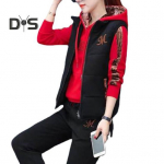 3 tk/komplekt Patchwork v&auml;rviline naiste spordidress, elastne v&ouml;&ouml;koht, moe kiri, naiste kapuuts, s&ouml;rkimisp&uuml;ksid, t&otilde;mblukuga vesti &uuml;likond M punane