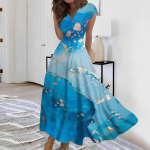 Naiste pikk kleit Maxi kleit vabaaja kleit Sifonki kleidid Swing kleit &uuml;hev&auml;rviline vabaaja t&auml;iskasvanud &otilde;ues igap&auml;evane kohting Voldis l&uuml;hikeste varrukatega V-kaelusega kleit L sinine