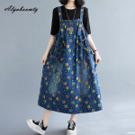Korea stiilis suvine naiste prindiga teksariidest Midi-p&auml;ikesekleit Suspenderid Vintage vabaaja lahtine pitskleit Stiilne kottis taskutega varrukateta kleit M