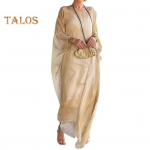 Naiste maksikleit, lendav &uuml;mmargune kaelus, ebakorrap&auml;rased nahkhiirevarrukad, kahekihiline marmorist tekstuur, tr&uuml;kitud suure pahkluu pikkusega vabaaja maxi kleit M kollane