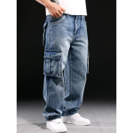 Ameerika stiilis mitmetaskulised t&ouml;&ouml;jeansid meestele, laia s&auml;&auml;rega, l&otilde;dva istuvusega, cargo p&uuml;ksid, biker-jeansid, pluss suurus 30 sinine