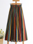 Qooth Spring Summer Naiste k&otilde;rge v&ouml;&ouml;kohaga v&auml;rvilise triibuga A-line seelik Vintage Midi A-suvi pikk seelik koos suure kiiksuga QT1718 XL