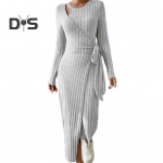 Naiste s&uuml;gistalvine kleit, &otilde;&otilde;nsad, paelad, v&ouml;&ouml;koht, kaelus, ebaregulaarne &auml;&auml;ris, pikkade varrukatega &uuml;hev&auml;rviline kootud elastne triibuline daami maksikleit S veinipunane v&auml;rv