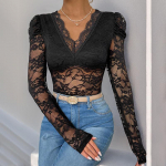 &Uuml;hev&auml;rviline Jumpsuit, pikkade varrukatega seksikas pitsist lapiline naiste body S must