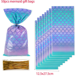 50pcs Mermaid Tail Plastic Gift Bags Candy Biscuit Packing Bag Mermaid Treat bag girl Birthday Party Decoration Baby Shower 12.5x27.5cm