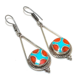 Natural Tibetan Turquoise, Coral Gemstone Handmade Jewelry Earring 2.44 z2l32