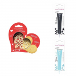 Kit pour biscuit en relief Coeur + 2 Stylos au chocolat noir et bleu pastel