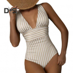 Naiste Monokini s&uuml;gava V-kaelusega varrukateta Slim Fit &uuml;hes t&uuml;kis bikiinid triibulise tr&uuml;kiga k&otilde;rge v&ouml;&ouml;kohaga Tummy Control &uuml;hes t&uuml;kis ujumistrikoo S roheline