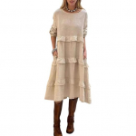 Naiste pikkade varrukatega midi kleit, l&otilde;dvalt langev, volangide ja astmetega, vabaaja O-kaelusega kevadine pullover-kleit puhkuseks, puhkusereisiks, randa S roosa