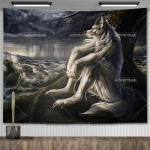 Emo White Wolf Sitting Meme Tapestry Werewolf Tapestries For Bedroom Printed Home Decoration Paintings Room Wall Hanging Posters 29x37in 74x94cm
