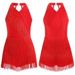 Lastele T&uuml;drukutele Ladina trikoo Kleit Tantsukost&uuml;&uuml;m Rhinestones Fringe Body Seelikuga kleit P&auml;itsetega V-kaelusega Varrukateta Tuttide Jumpsuit 15-16 Years punane