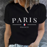 PARIS Print T-s&auml;rk, l&uuml;hikeste varrukatega kaelusega vabaaja topp suveks ja kevadeks, naiste riided XS must