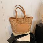 Naiste heegeldatud rannak&auml;ekott PU lapitehnikaga kudumine reisikott kontrastv&auml;rviga lihtne &otilde;lakott Naiste suvine p&auml;evakott 41x13x32cm beež