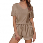 2 tk/komplekt Naiste suvine riietus V-kaelusega l&uuml;hikeste varrukatega T-s&auml;rk Elastse n&ouml;&ouml;riga v&ouml;&ouml;kohaga l&uuml;hikesed p&uuml;ksid Komplekt &Uuml;hev&auml;rviline Vaba l&otilde;ikega Vabaaja riietus XL